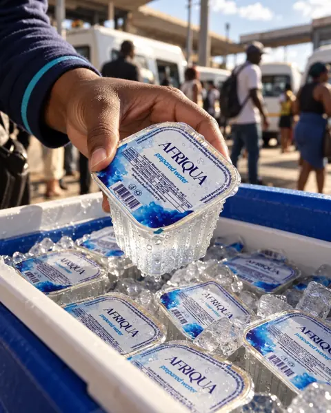 A hand lifting a cold Afriqua cup out of a cooler box full of ice